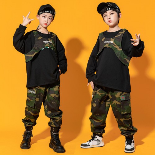 Boys girls hip-hop locomotive jazz dance hiphop dance costume jazz dance clothes rapper singers camouflage clothing Children's cool hip-hop outfits
